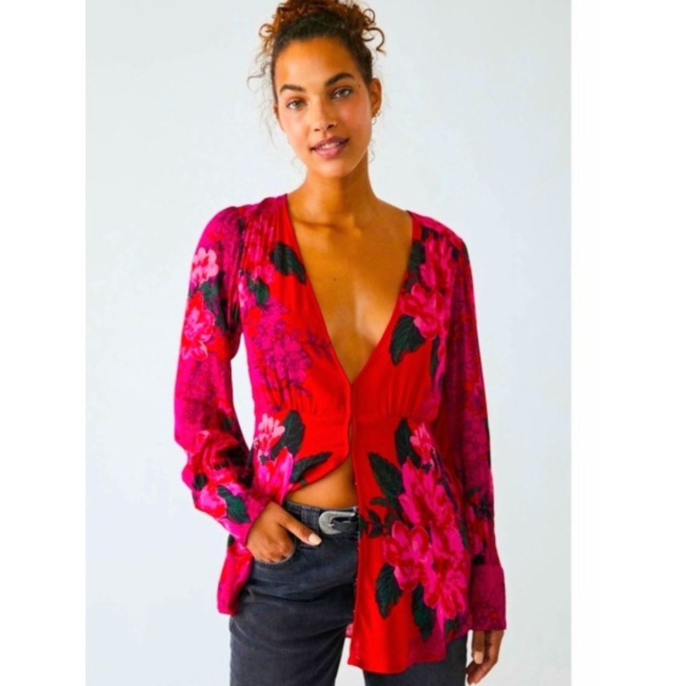 Free People Makayla Top Floral V-Neck Hook & Eye Front Scarlet Combo XS